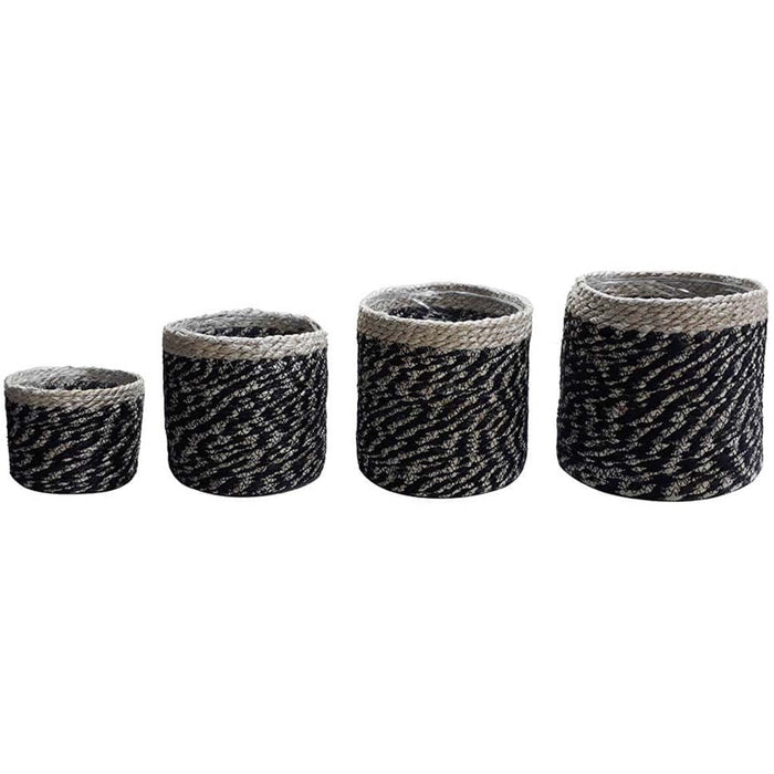 Round Tall Jute Rope Basket Black & Ivory Pattern Pvc Set of 5 