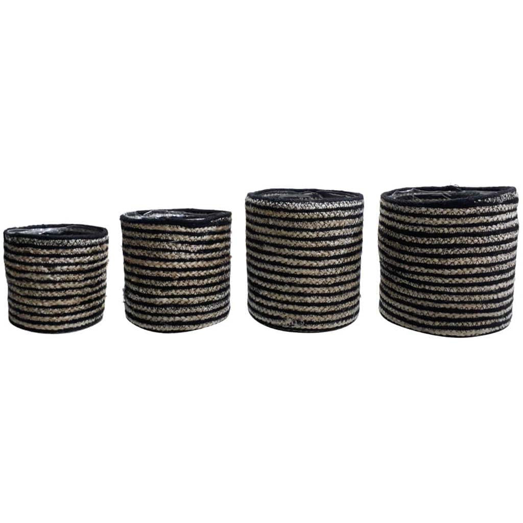 Round Tall Jute Rope Basket Black &amp; Ivory Stripes Pvc Set of 4 