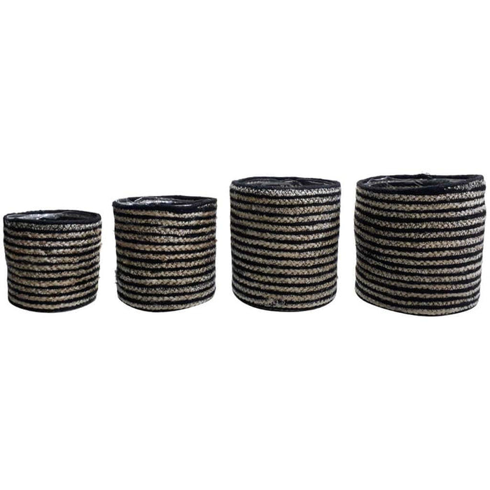 Round Tall Jute Rope Basket Black & Ivory Stripes Pvc Set of 4 