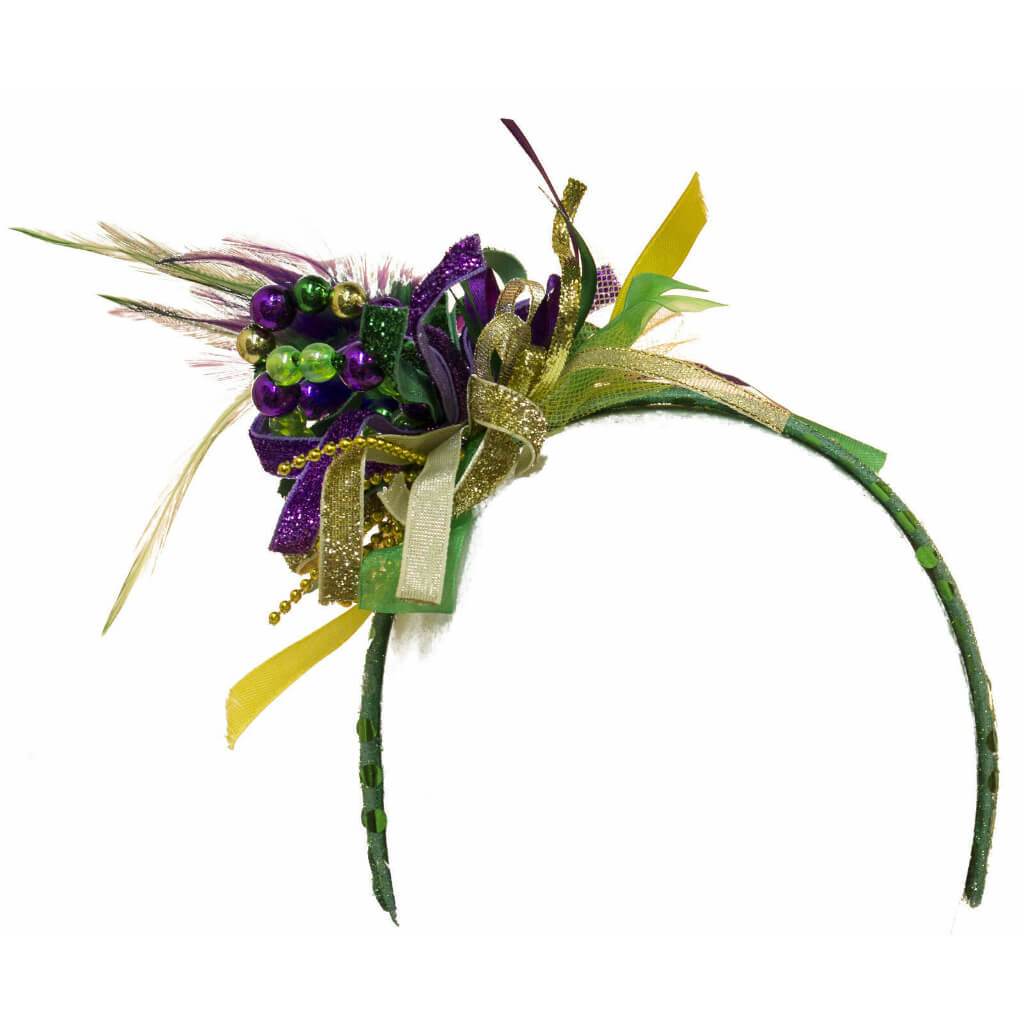 Mardi Gras Headband W/Feathers, Beads And Ribbon 