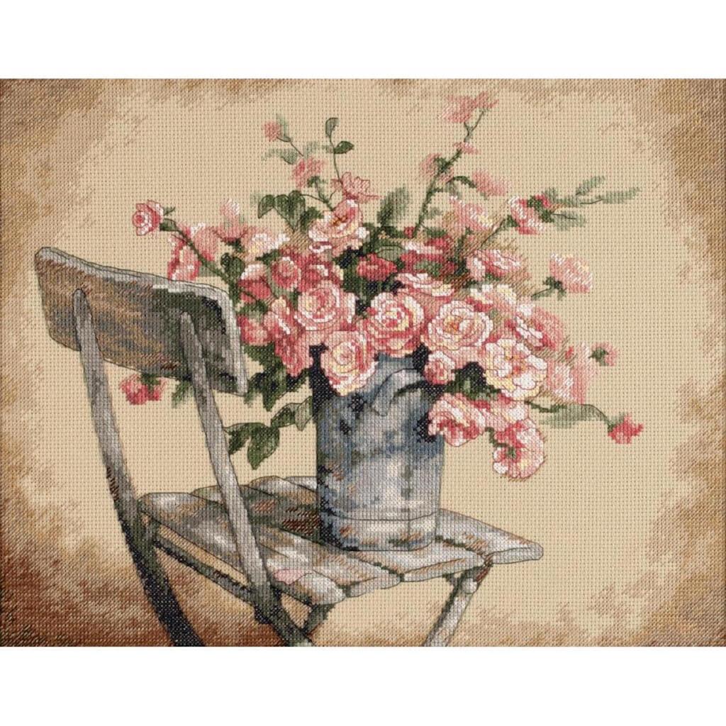 Counted Cross Stitch Kit Roses on White Chair 14inx11in 