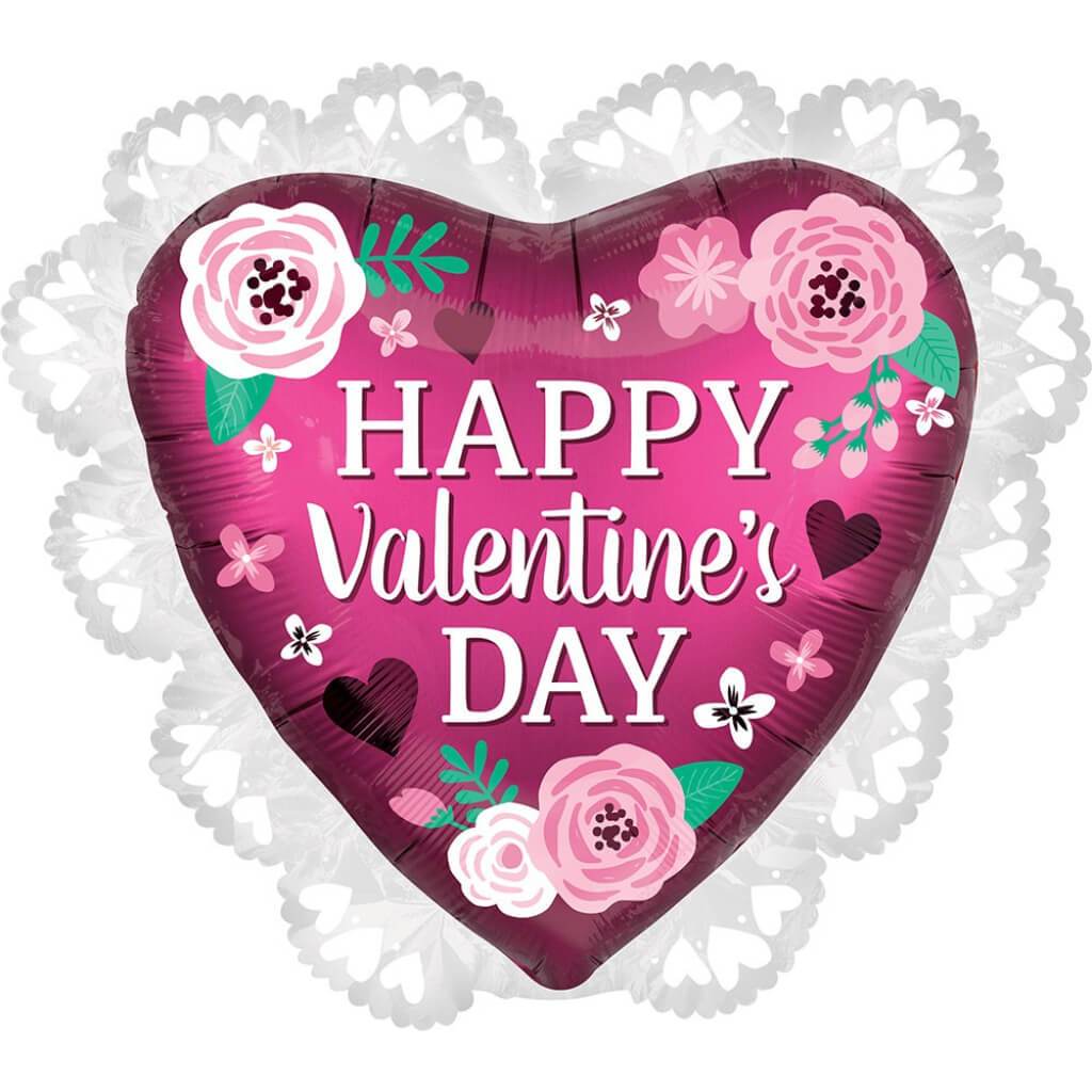 Happy Valentine's Day Heart Foil Balloon Super Shape Satin 23in Pomegranate