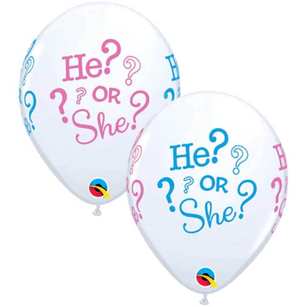 He or She Around Latex Balloon 11in White w/ Pink and Blue Ink