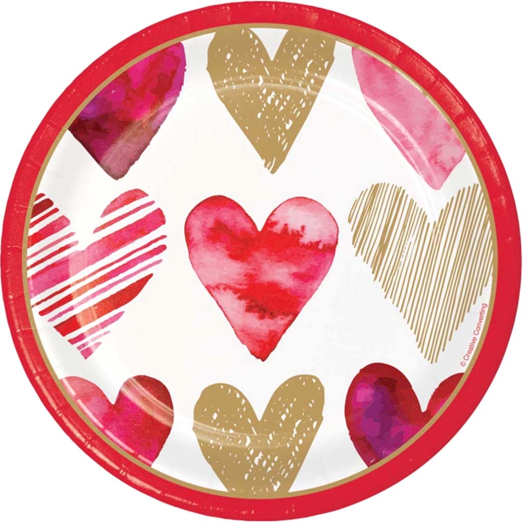 Watercolor Hearts 7in Plate 8ct