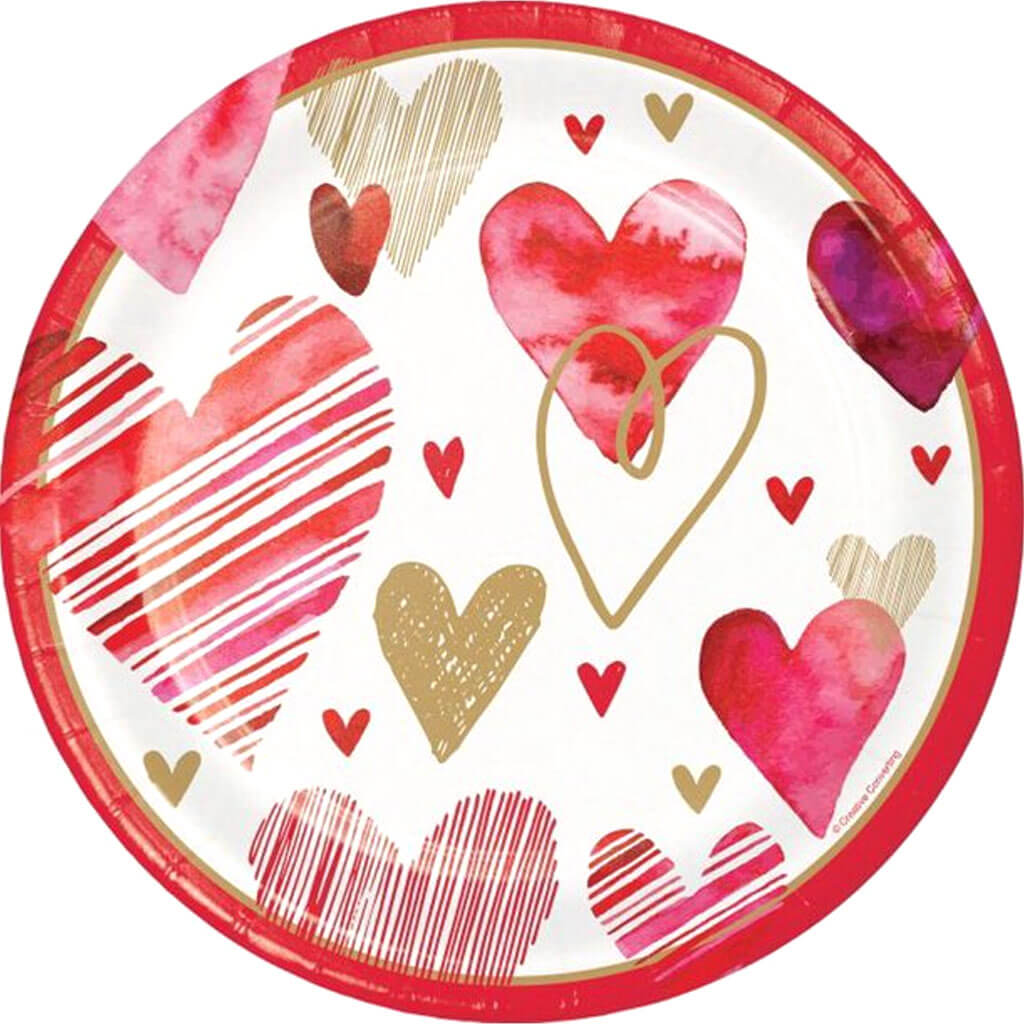 Watercolor Hearts 9in Plate 8ct