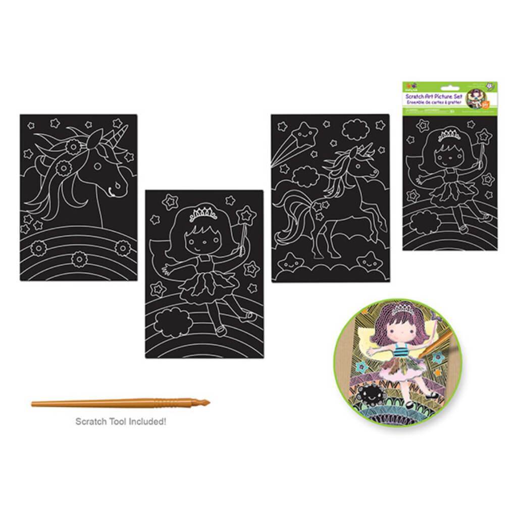 DIY SCRATCH ART 3 ASSORTED SHEETS WITH SCRATCH TOOL FANTASY FRIENDS