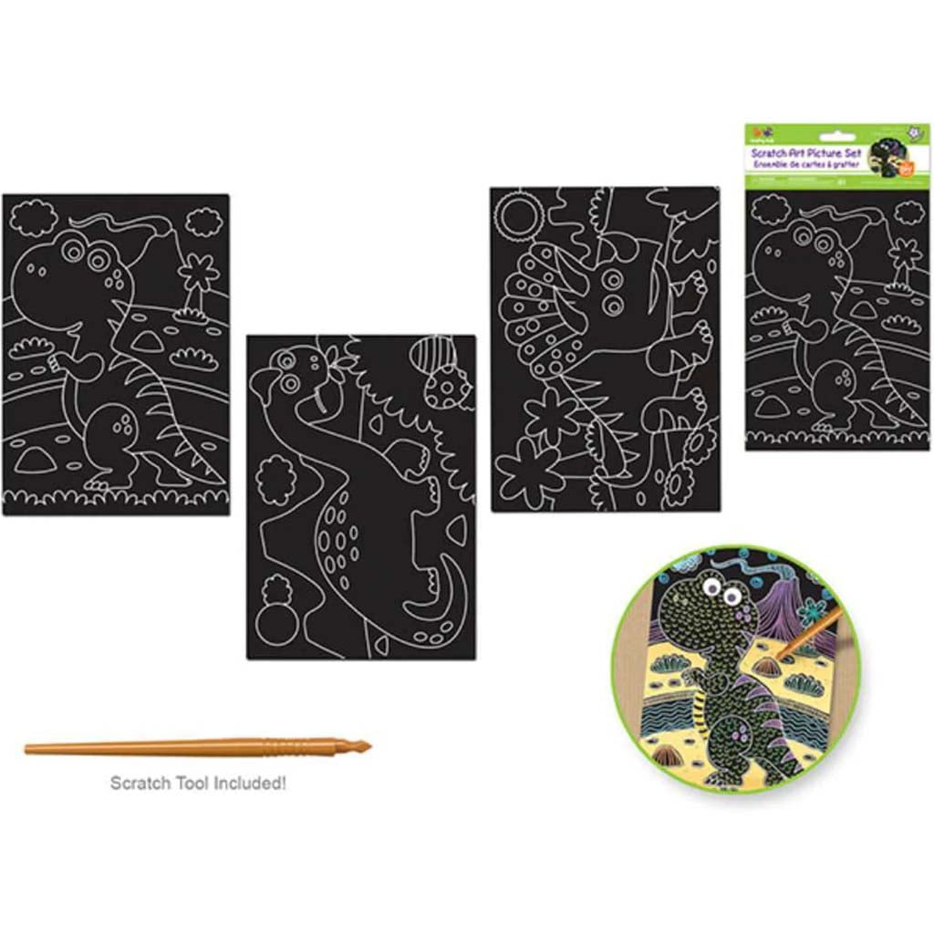 DIY SCRATCH ART 3 ASSORTED SHEETS WITH SCRATCH TOOL DINO PALS