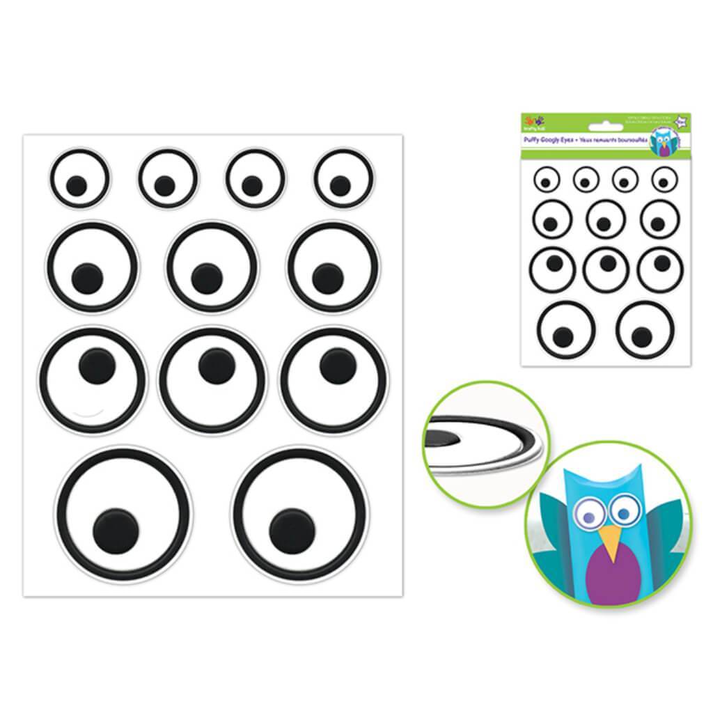 SELF-STICK GOOGLY EYES PUFFY PVC CLASSIC 12PCS 23MM X 35MM X 41MM X 54MM