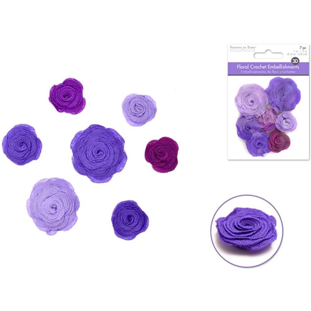 CROCHET FLORAL COLORBLEND VIOLA EMBELLISH 7 PCS 1IN X 1.5IN