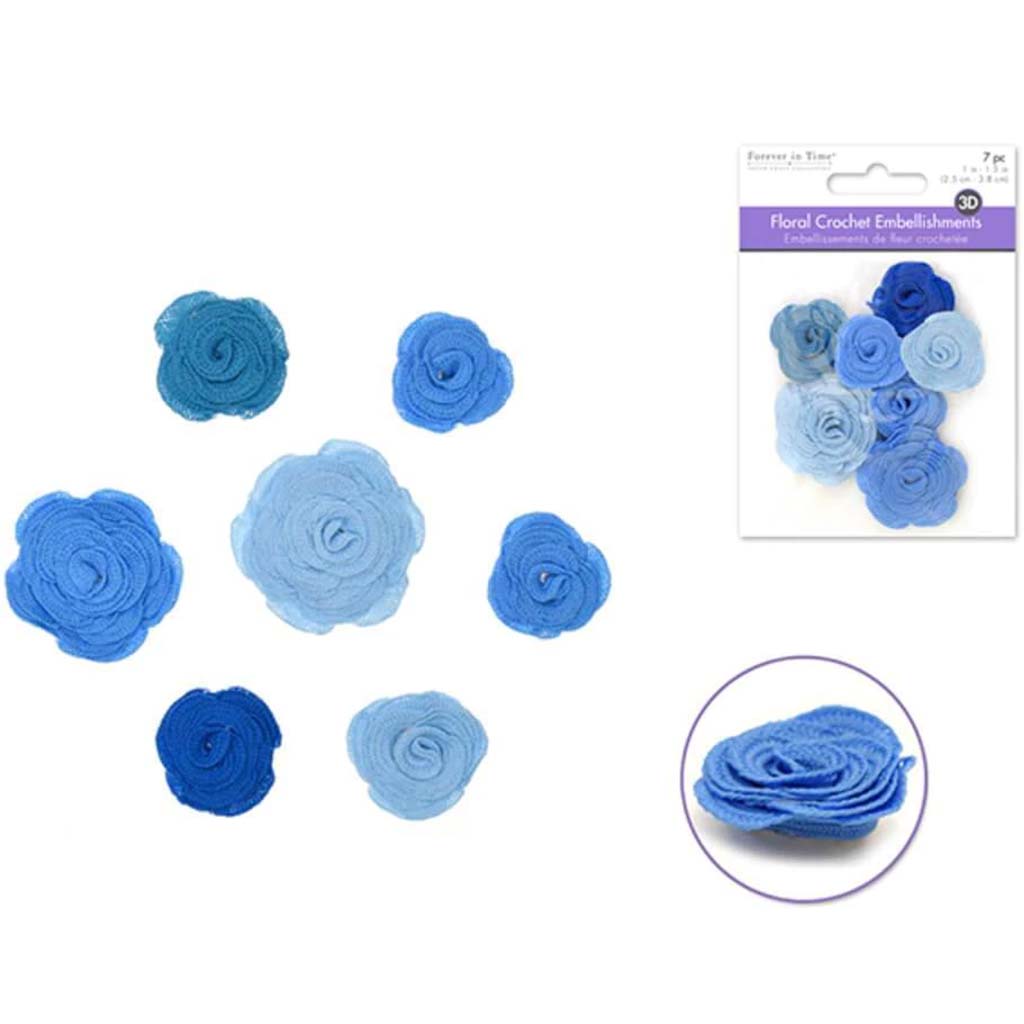 CROCHET FLORAL EMBELLISH COLORBLEND SKY 7PCS 1IN X 1.5IN