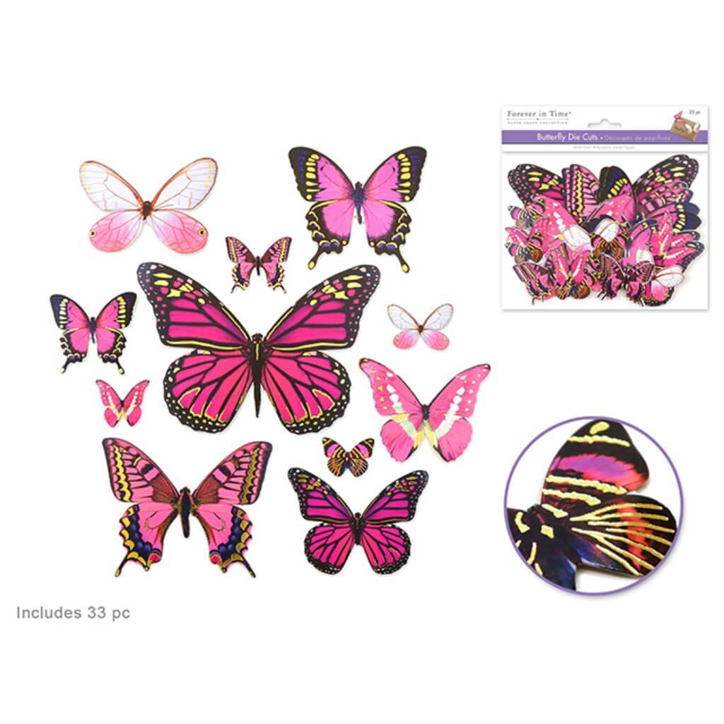 BUTTERFLY DIE CUTS WITH FOIL ACCENTS 33PCS PINK