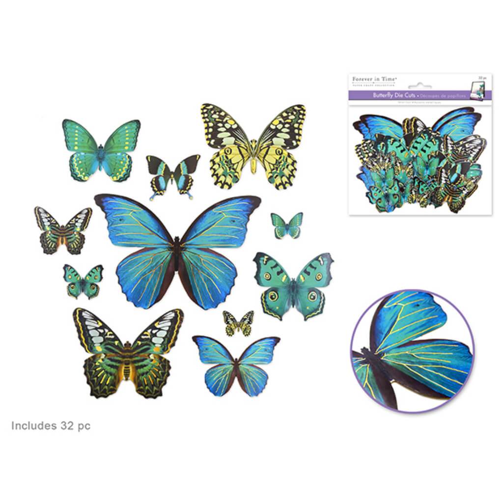 BUTTERFLY DIE CUTS WITH FOIL ACCENTS 33PCS BLUE