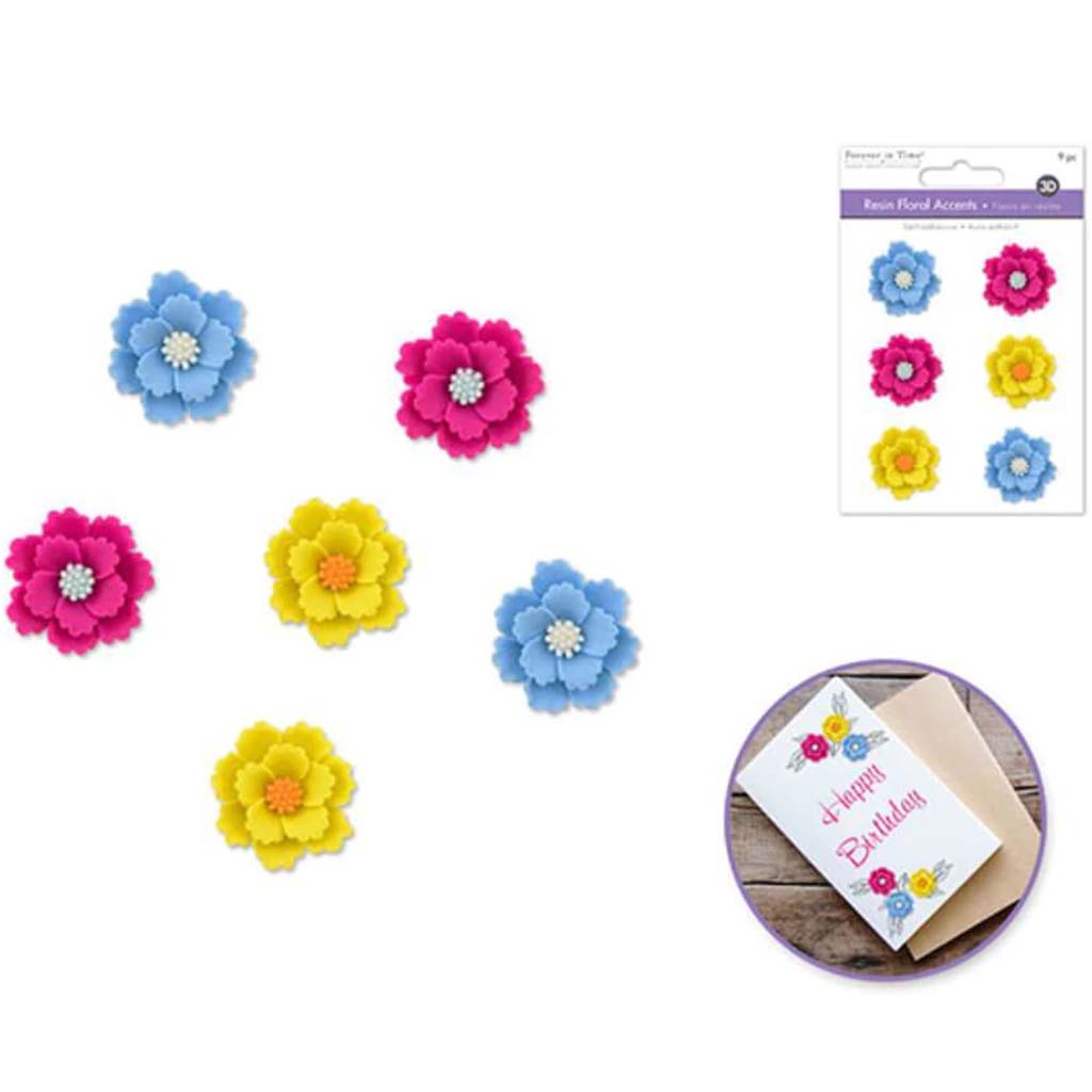 3D RESIN FLOWER ACCENTS ASSORTED COLORS SELF-STICKY ZINNIA BOLD