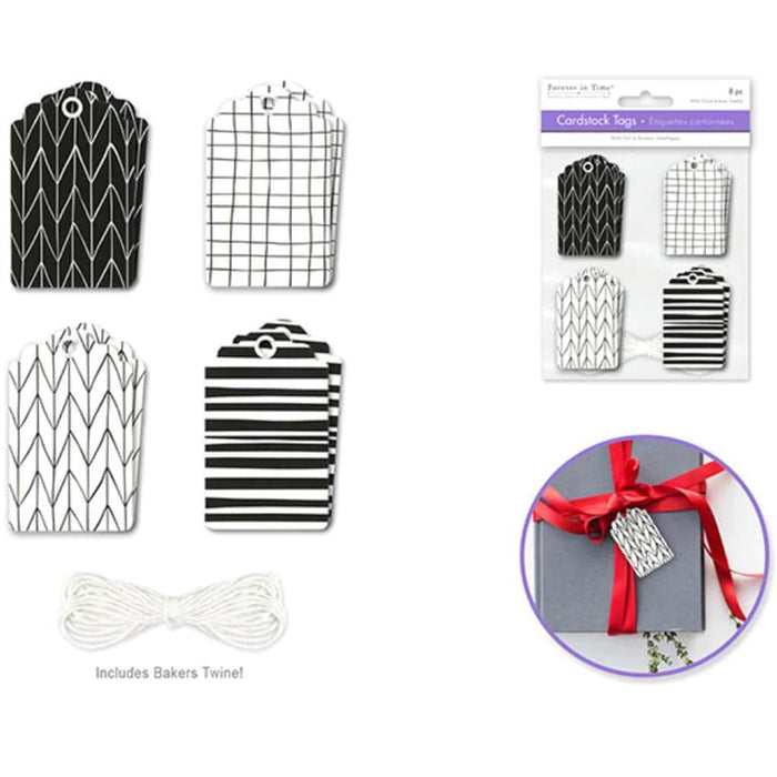 CARDSTOCK TRENDY TAGS BLACK & WHITE ABSTRACT 8PCS 4.3CM X 7CM