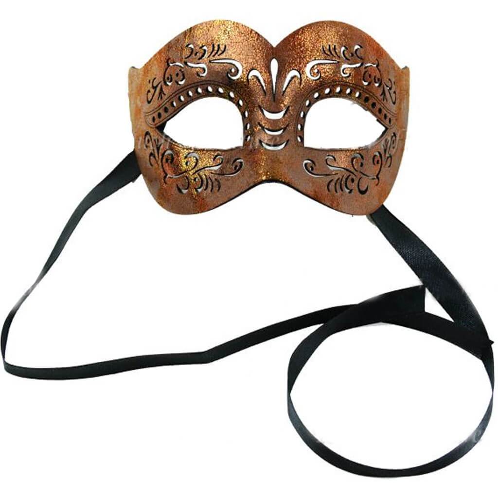 Leather Half Mask 8in Iridescent Copper with Black Ribbon Ties