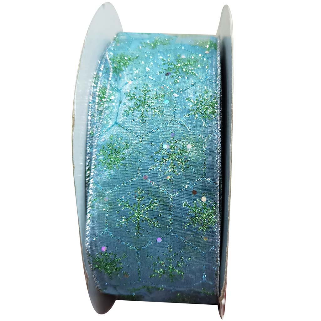 Ribbon Blue Snowflakes Glitter Green 2.5in