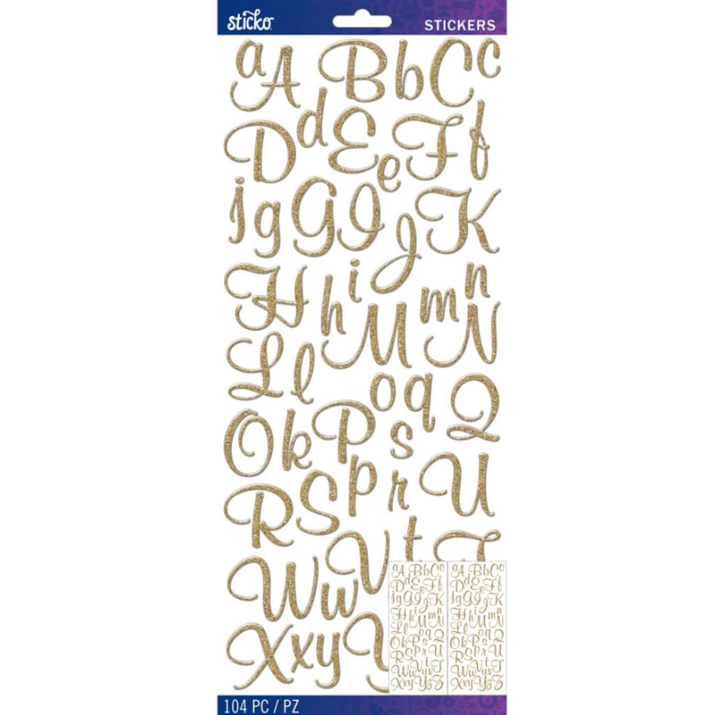 Sticko Gold Glitter Script Alphabet Stickers 104pcs Lettering