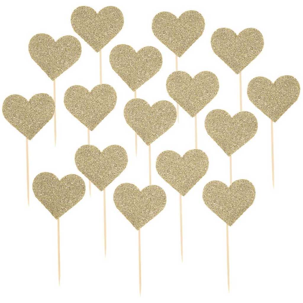 Glitter Gold Heart Picks: 16 Pieces