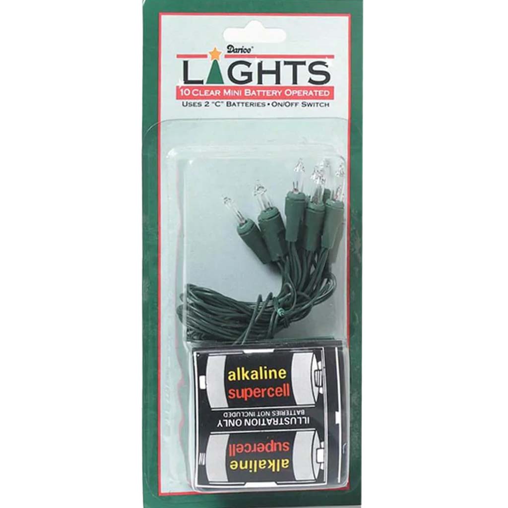 Mini Light Set - Battery Operated 10 Clear Bulbs Green Wire