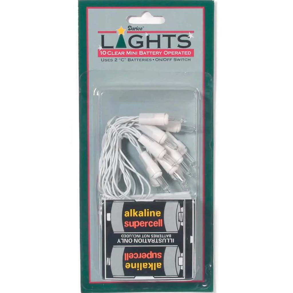 Battery Light Set 10 Clear Bulbs White Wire