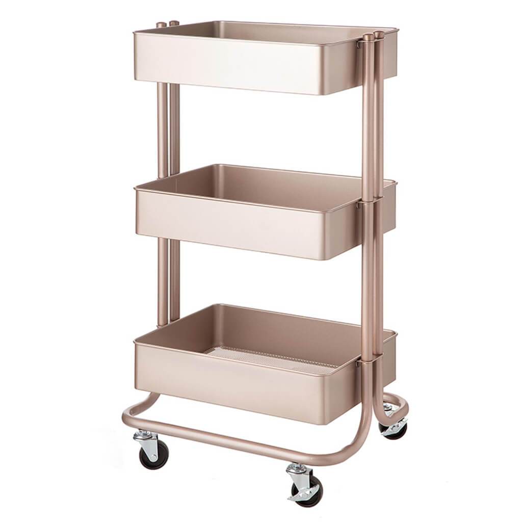 Metal Rolling Utility Cart: Rose Gold, 3 Tier, 30 Inches