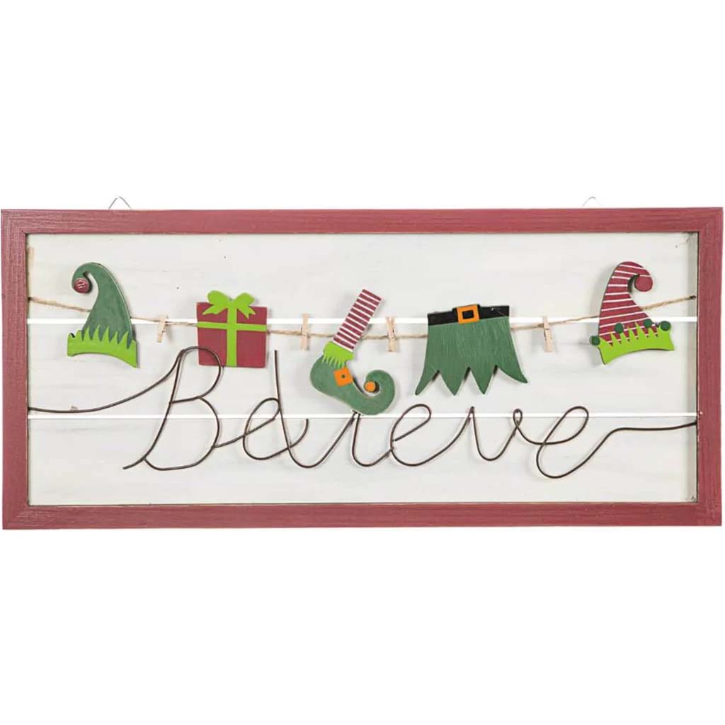 Believe Sign With Elf Clothes: MDF, 23 x 10.24 Inches