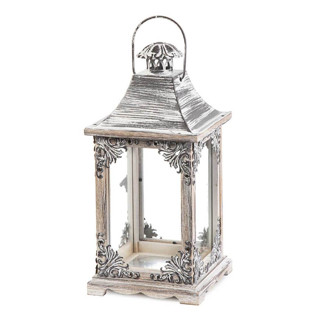 Iron/Wood Lantern: White/Gray, 6.3 x 13.4 Inches