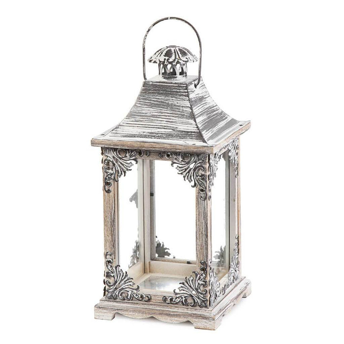 Iron/Wood Lantern: White/Gray, 6.3 x 13.4 Inches