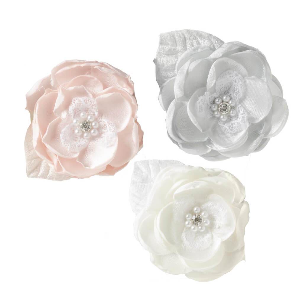 Floral Embellishment: Ivory/Pink/Gray, 2.5 Inches, 3 Pieces