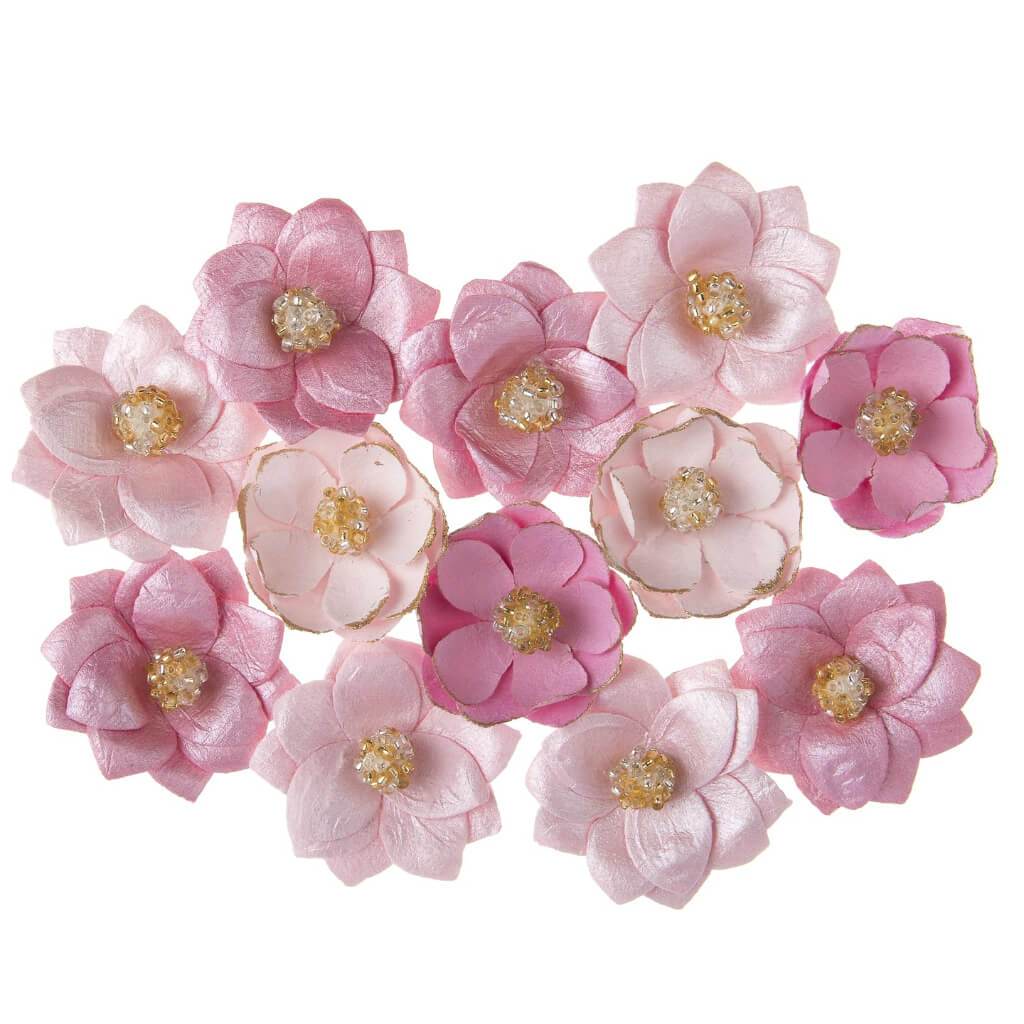 Floral Embellishment: Pink/Gold Tipped, 12 Pieces