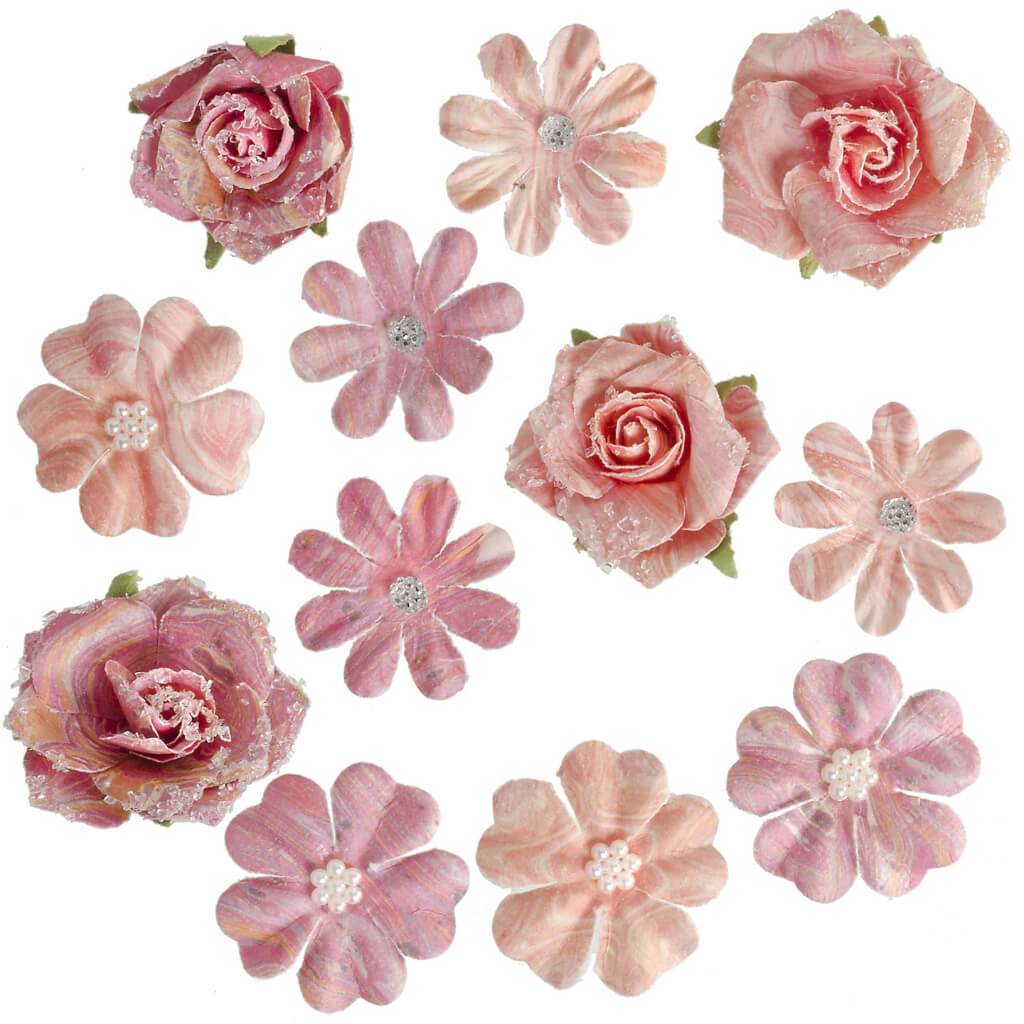 Marble Flowers Floral Embellishment: Pink, 1.5 Inches, 12 Pieces