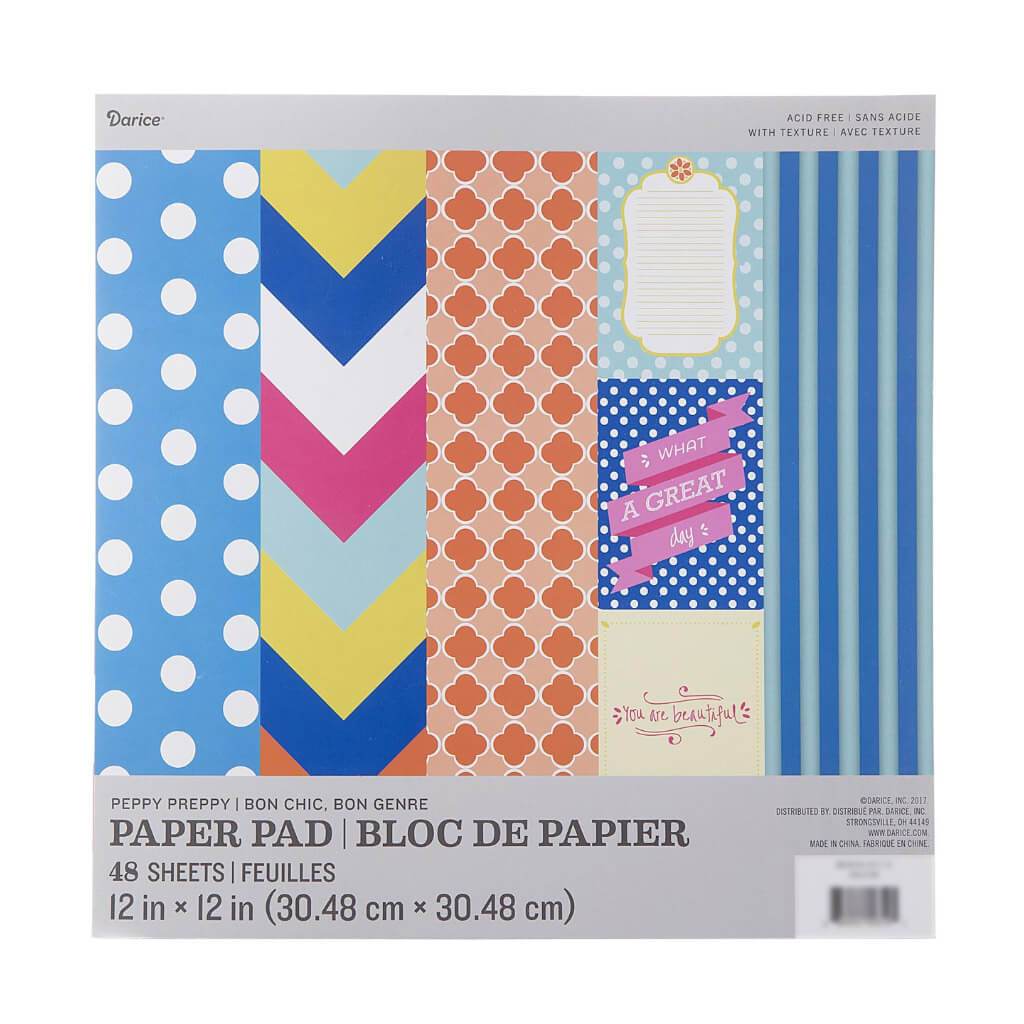 Peppy Preppy Themed Paper Pad: 48 Sheets, 12 x 12 Inches