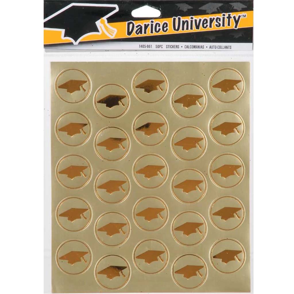 University Graduation Hat Stickers Gold Foil 50pcs