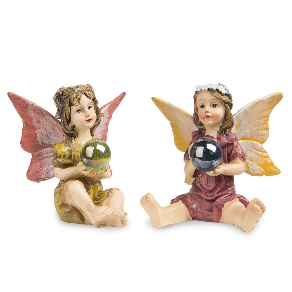 Miniature Fairy Figurine - Seated Fairy with Gazing Ball - 2 Assorted