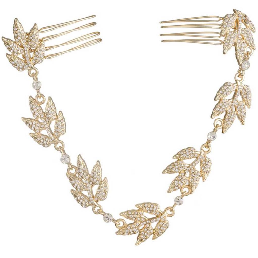 Bridal Hair Chain: Gold Grecian Leaves with Crystal Rhinestones