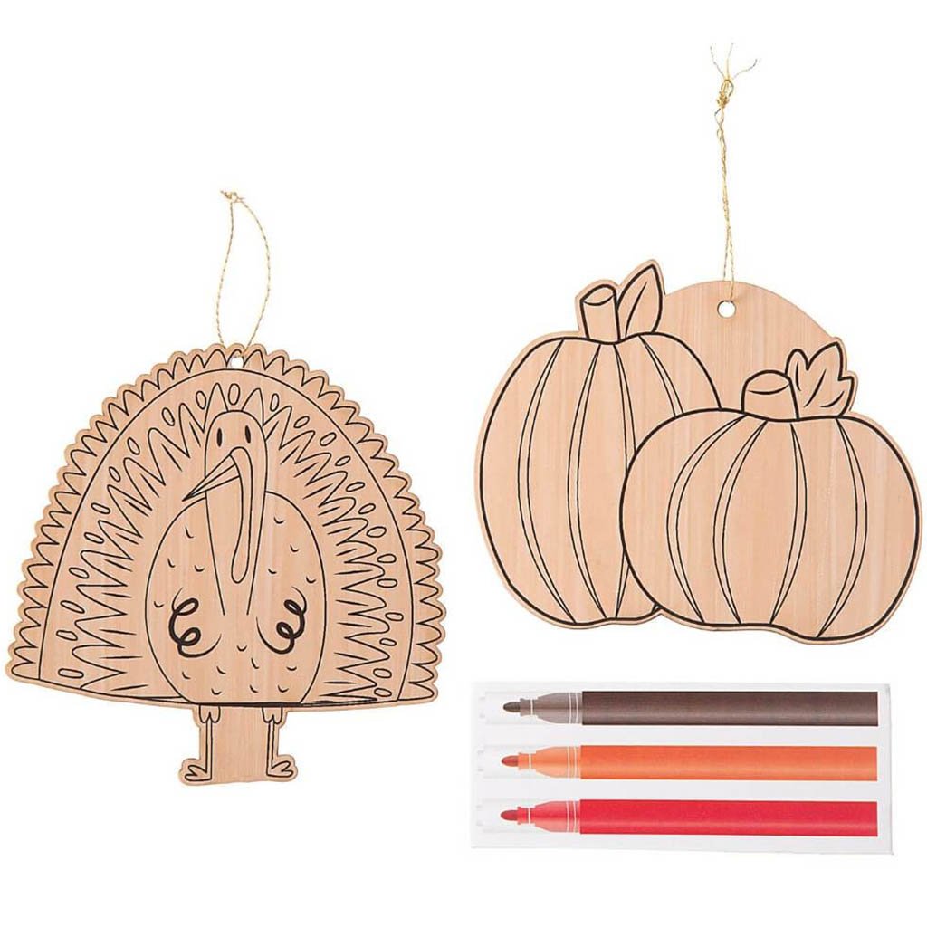 Wood Coloring Ornaments Pumpkin &amp; Turkey