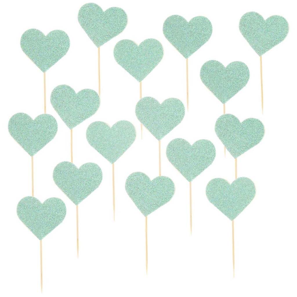 Mint Green Glitter Heart Picks: 16 Pieces