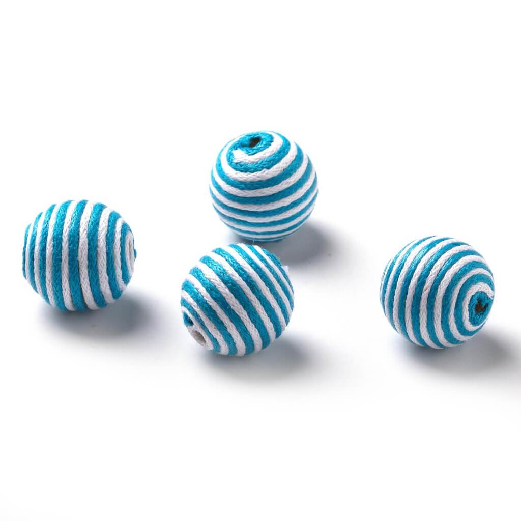 Corded Round Bead: Aqua Stripe, 15 Millimeters, 4 Pieces