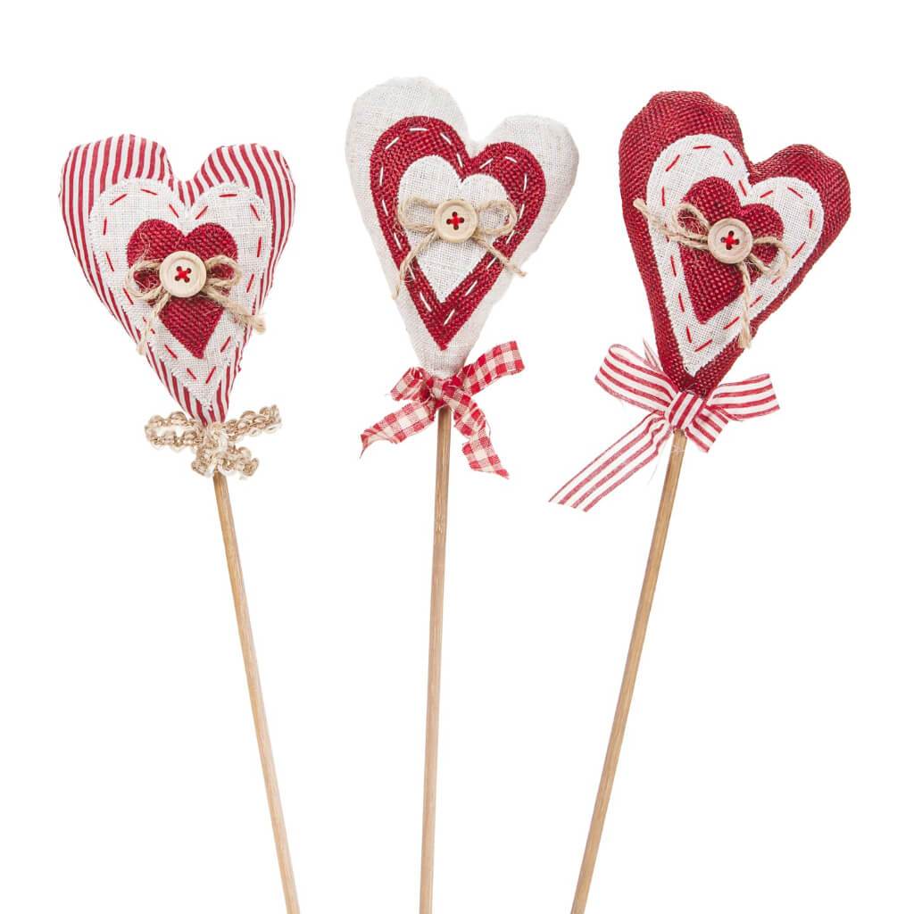 Rustic Heart Pick: Fabric, Red &amp; White, 15 inches, 3 Assorted Styles