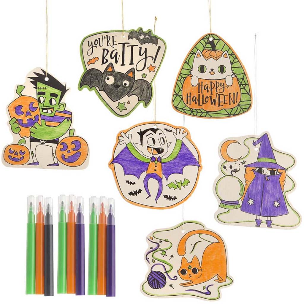 Halloween Color-In Ornament: 3 x 3 Inches, 5 Pieces, 3 Assorted Styles