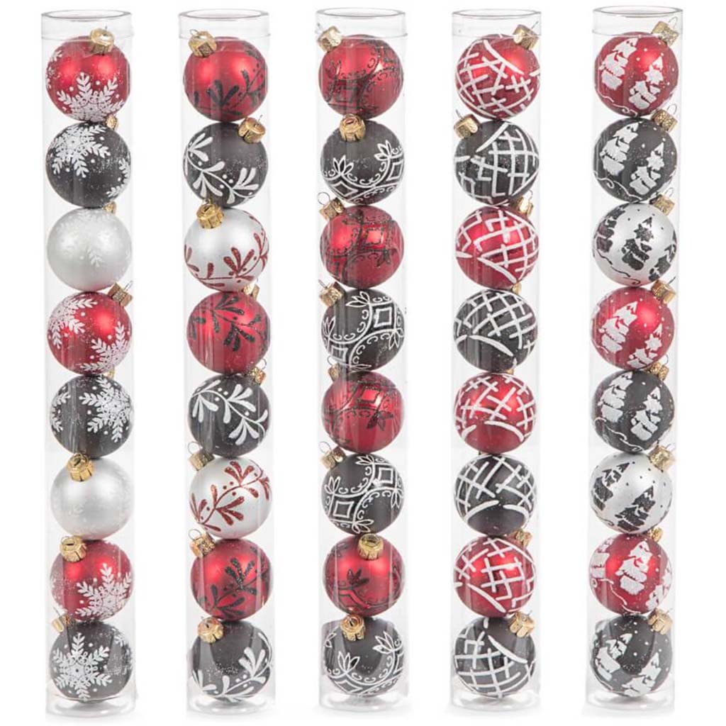 Christmas Bulb Ornament: Patterned, 45mm, 8 Pieces, 5 Assorted Styles