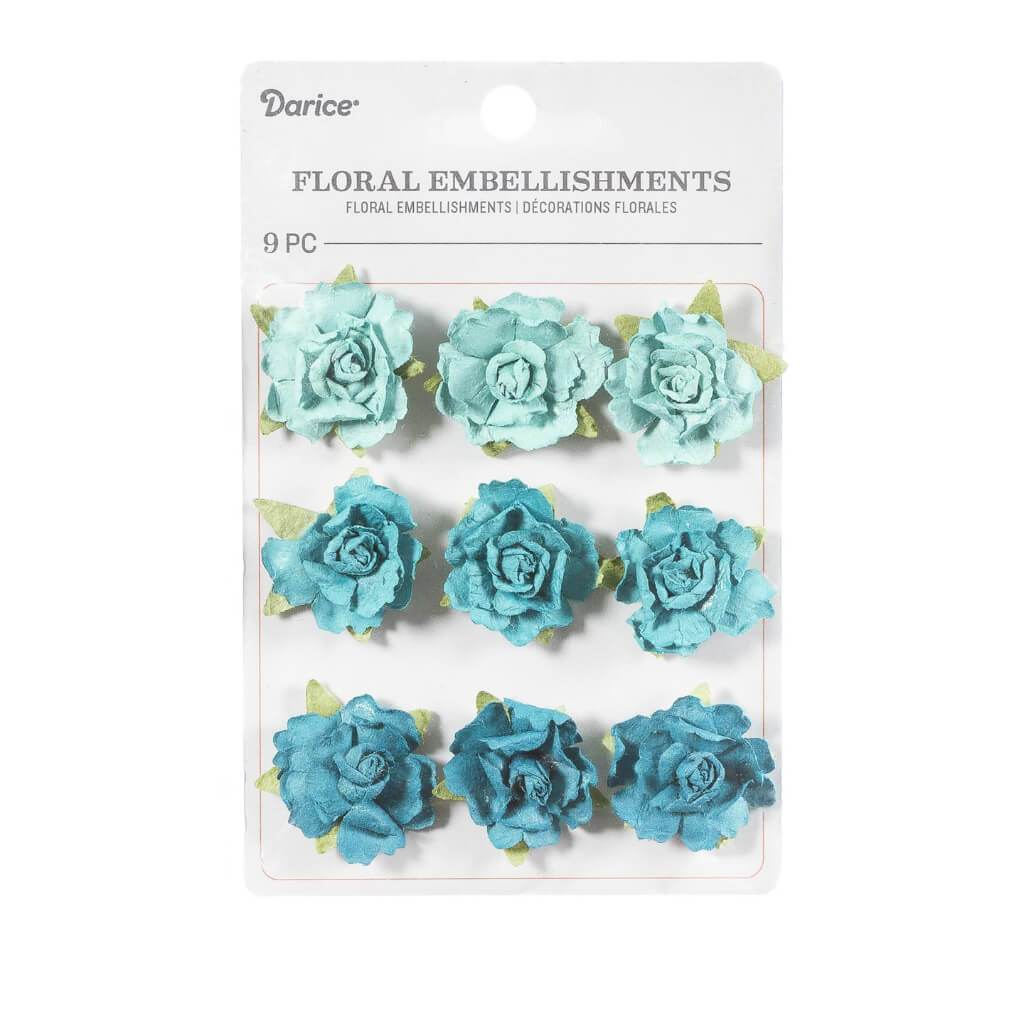 Small Rose Floral Embellishment: Blue, 1 Inch, 9 Pieces