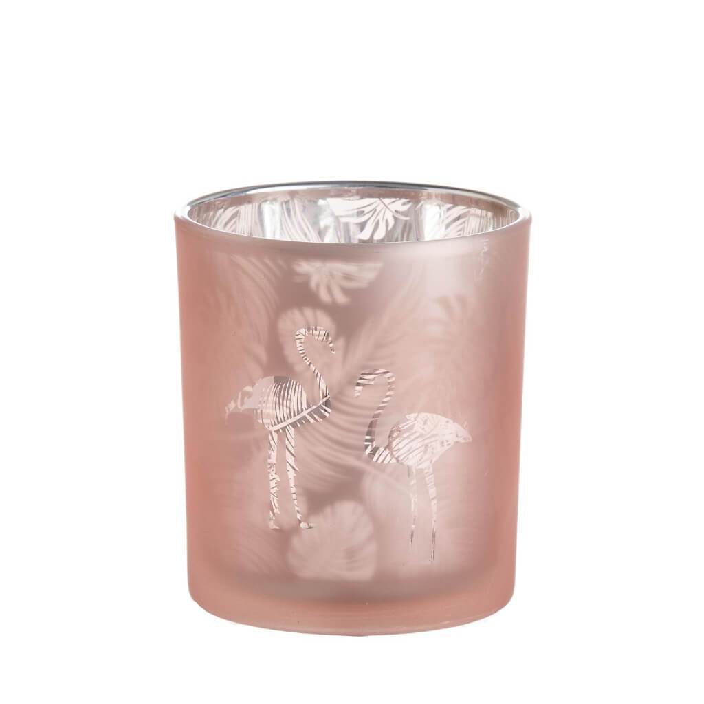 Flamingo &amp; Palm Leaves Glass Candle Holder: Pink, 5 Inches