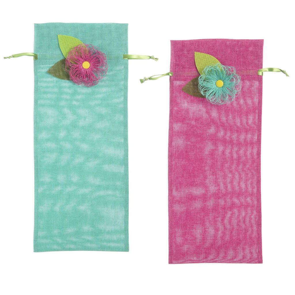 Woven Wine Bags with Ribbon Ties: Assorted Pink and Green