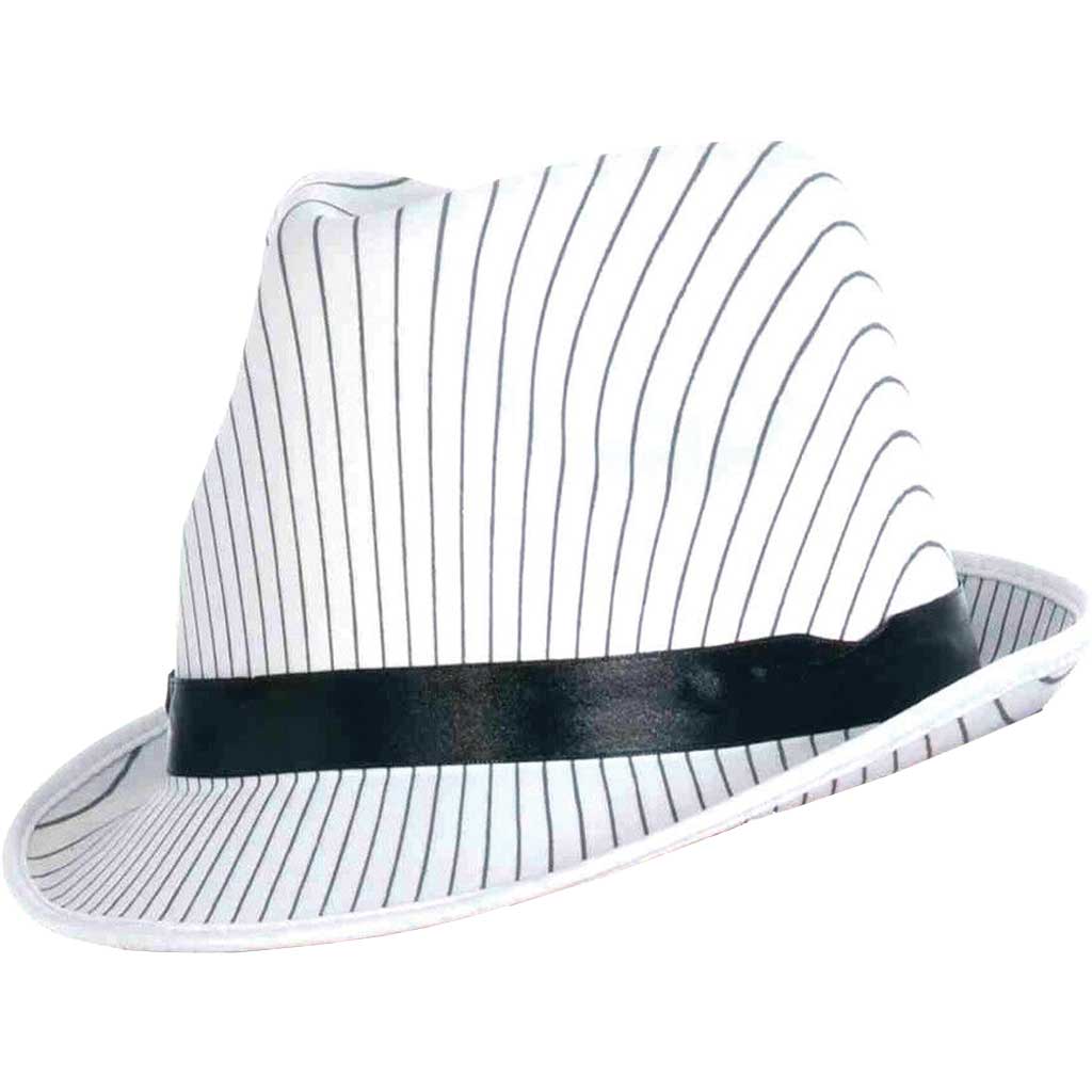 Ladies White Pinstriped Fedora Hat with Black Band