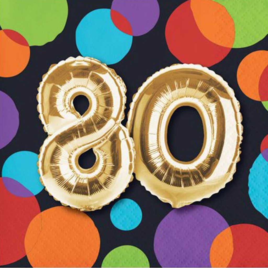 80th Balloon Birthday Beverage Napkin 2ply 16ct