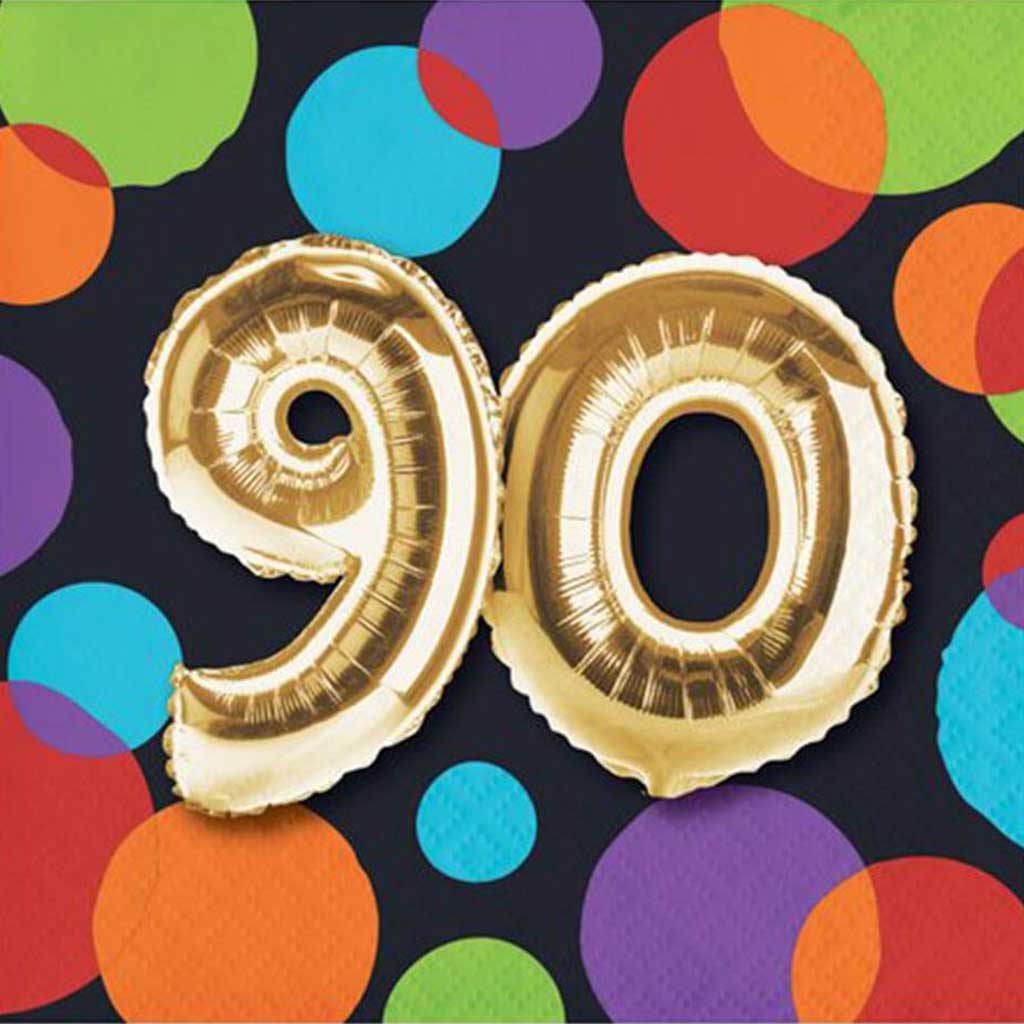 90th Balloon Birthday Beverage Napkin 2ply 16ct