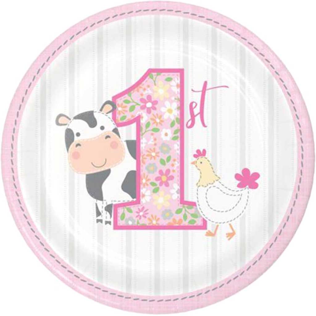 Farmhouse Birthday Paper Pink Dessert Plates 1st Girl 7in 8ct