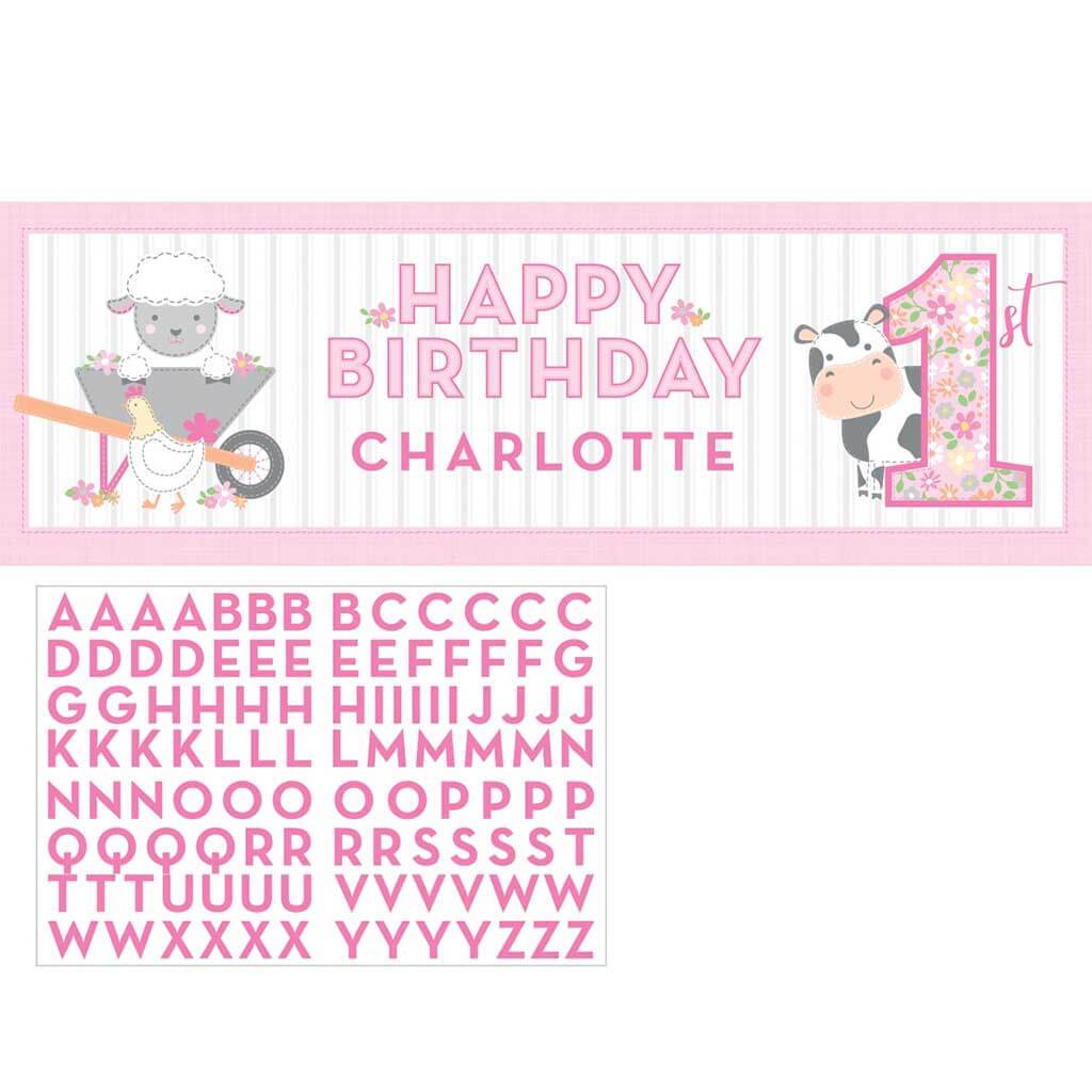 Farmhouse Birthday Pink Giant Party Banner w/ Stickers