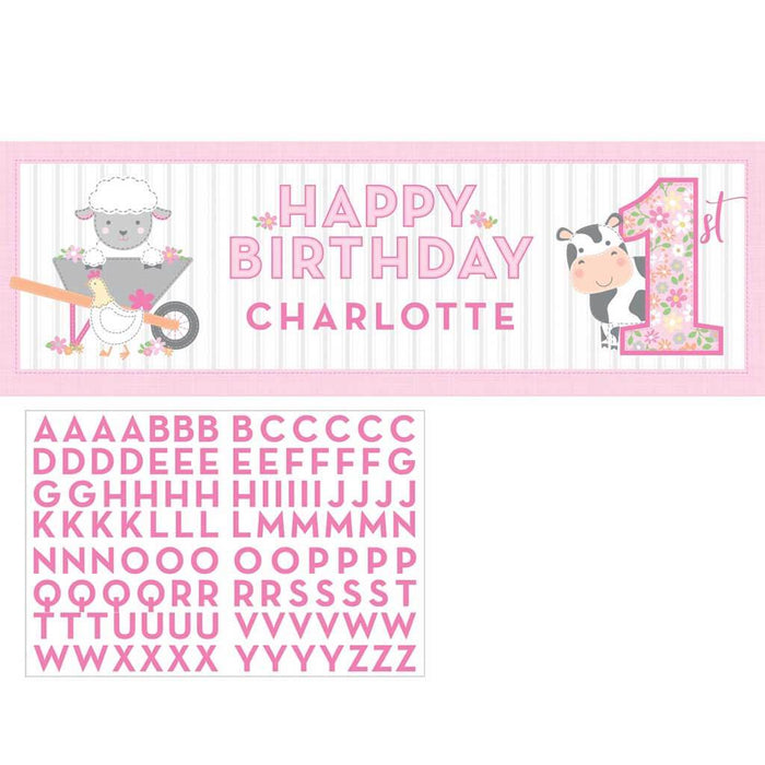 Farmhouse Birthday Pink Giant Party Banner w/ Stickers